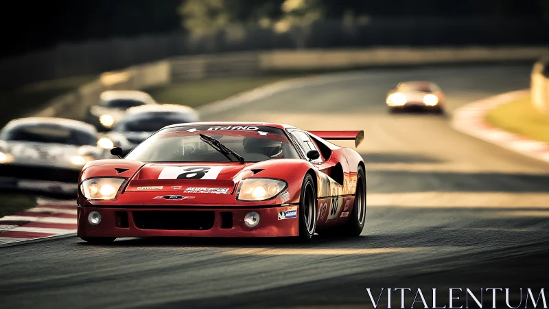 Red endurance race car leading fast pack on sunset circuit.