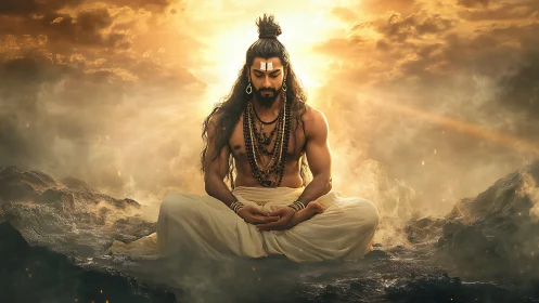 Divine yogi meditates in golden celestial sunrise glow.