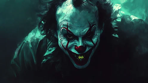 Clown figure leans forward with sinister painted grin