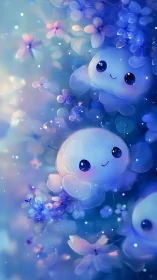 Cute glowing jelly creatures drift among soft blue flowers