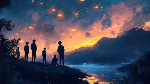 Silhouetted figures by lake under luminous evening sky.