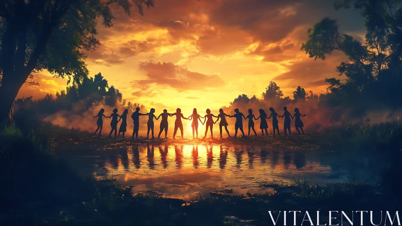 Group of People Holding Hands in Nature at Sunset, Cinematic Style.