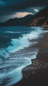 Moody twilight waves curling gently along a quiet shore.