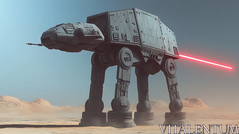 Armored sci‑fi walker advances across a hazy desert battlefield