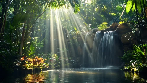 Dense tropical forest waterfall under diagonal sunbeams.