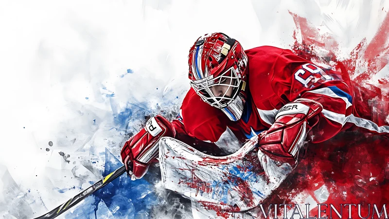 Hockey goalie in red uniform diving for dynamic save.