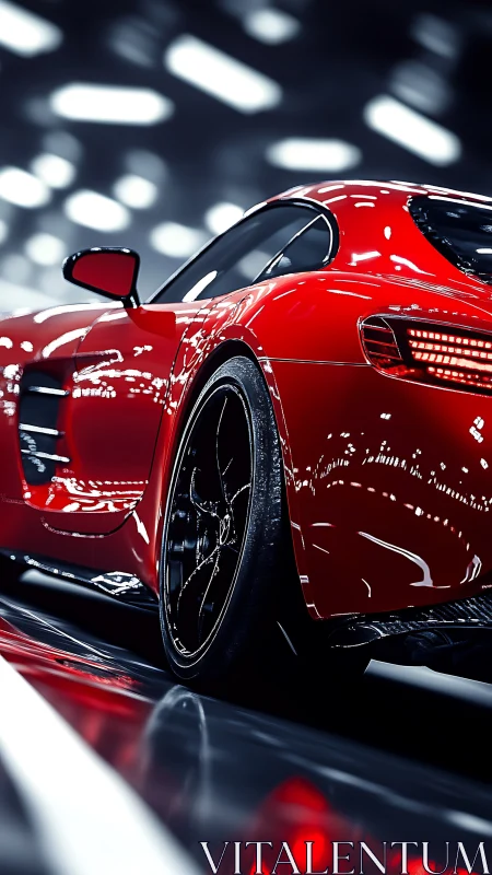 Red sports coupe rear view under bright studio lights.