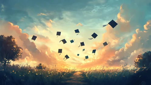 Digital painting of graduation caps in expansive sunset sky.