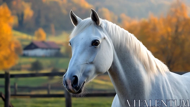 White horse portrait in soft autumn countryside light.