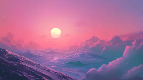 Low-angle pastel sunset over stylized glacial mountain valley