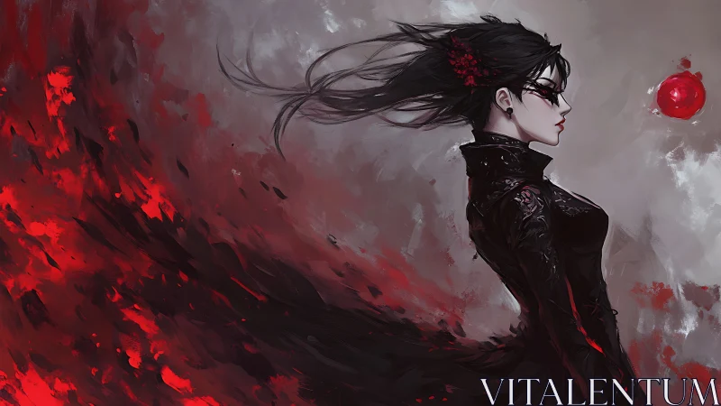 Dark clad woman in profile amid swirling red shadows.