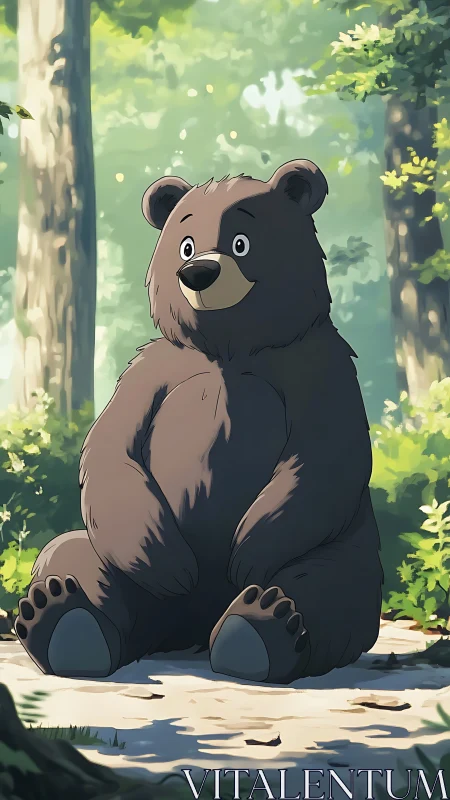 Soft-edged cartoon bear sits on sunlit forest path, diffused light