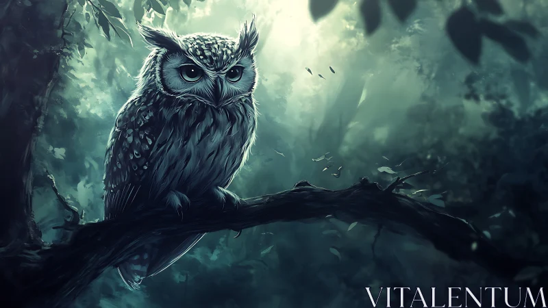Majestic Owl on Forest Branch, Dreamy Digital Art Illustration.