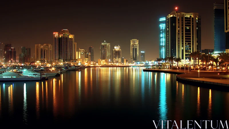 Nocturnal marina skyline with high-rise reflections on water.
