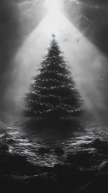 Monochrome illuminated fir tree anchors a high-contrast cavern