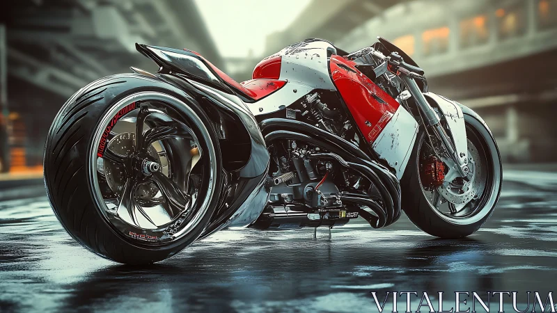 Futuristic red superbike dominates wet urban overpass.