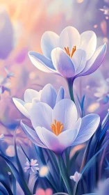 Luminous white crocus flowers blooming in pastel light.