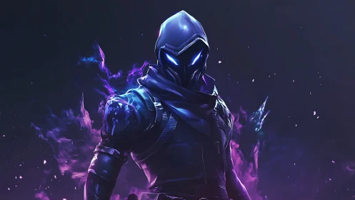 Shadowy neon warrior stands wrapped in swirling violet energy