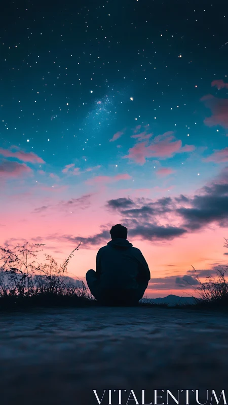 Silhouette stargazer under vivid twilight sky panorama.