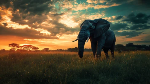 Elephant crossing sunlit savannah under dramatic sunset sky.
