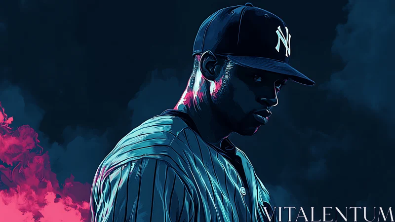 Neon-lit baseball legend stalks the diamond in midnight blues.