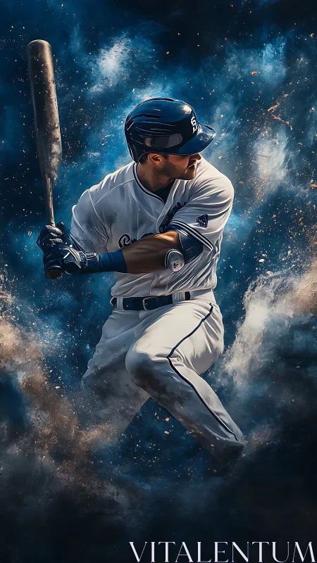 Dynamic baseball slugger amid explosive dust clouds.