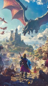 Dragon attack over medieval castle and lone armored hero.