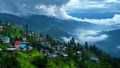 Mist-kissed mountain village nestled in rolling green hills.