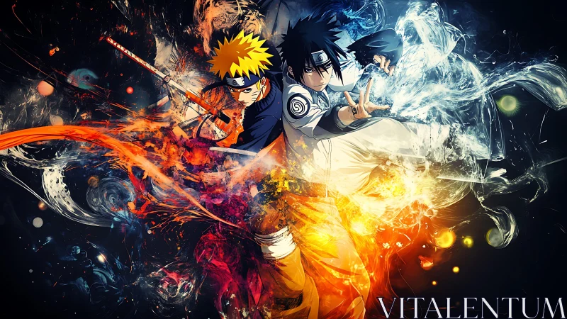 Dynamic shinobi duel with elemental fire and water effects.