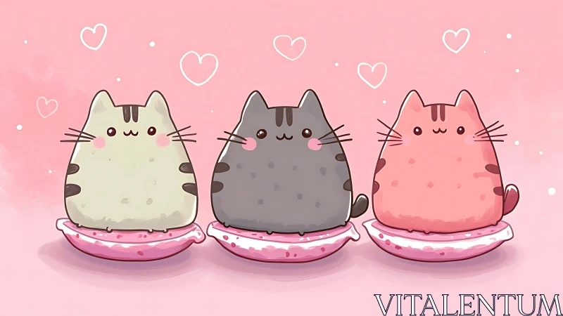 Three Cute Cats Sitting in Pink Bowls Among Floating Hearts
