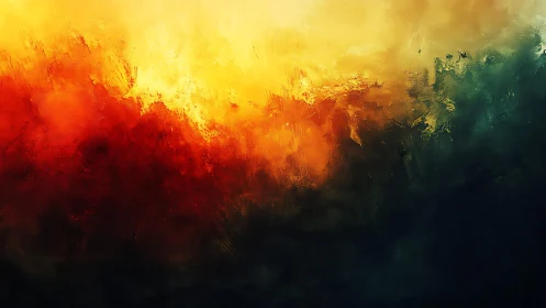 Vibrant Abstract Painting with Fiery Red and Deep Green Hues.