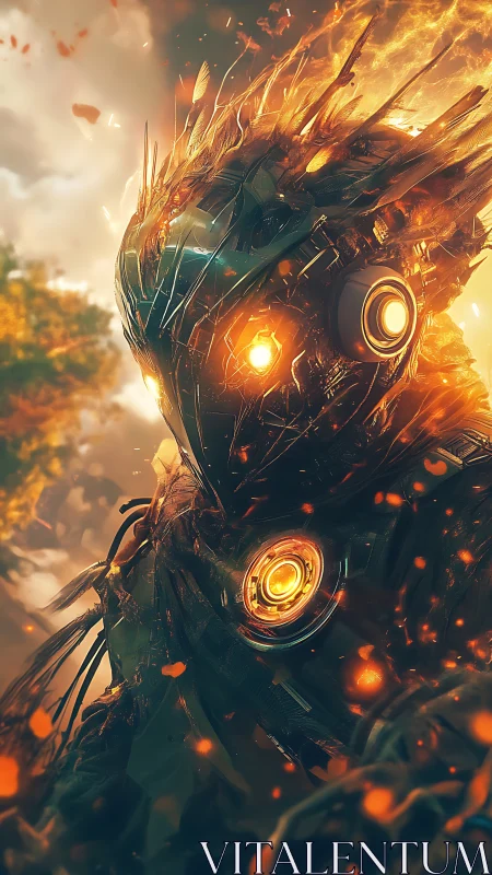 Humanoid mechanical figure with fiery core stands outdoors