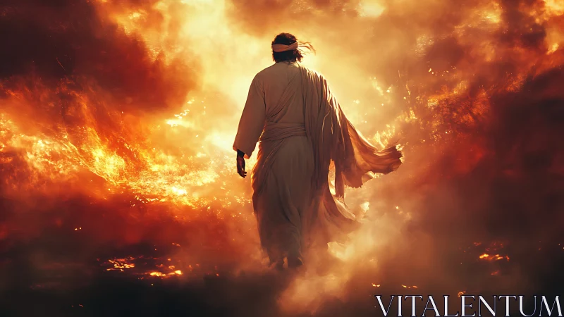 Robed wanderer strides calmly through a roaring sea of fire