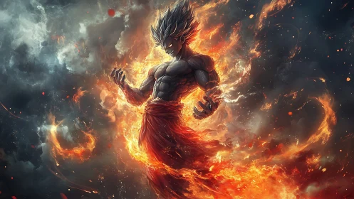 Hyperreal fiery warrior ascension with dynamic flame aura