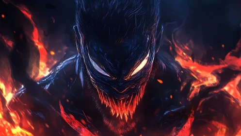 Demonic fire entity emerges from darkness with molten fury.