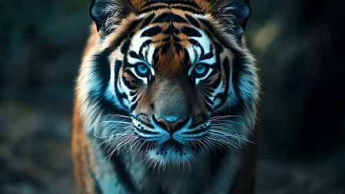 Front-facing tiger portrait with blue-toned ambient lighting.