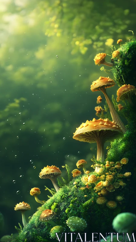 Luminescent forest fungi rising through emerald haze.