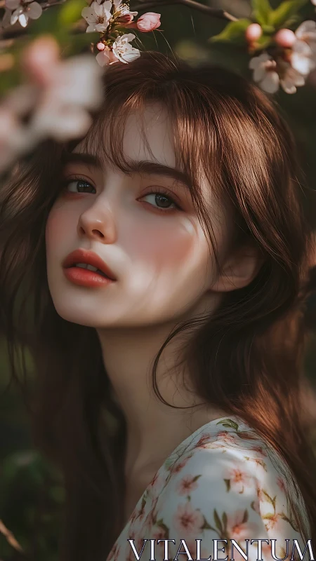 Blossom-kissed gaze beneath a quiet spring orchard canopy.