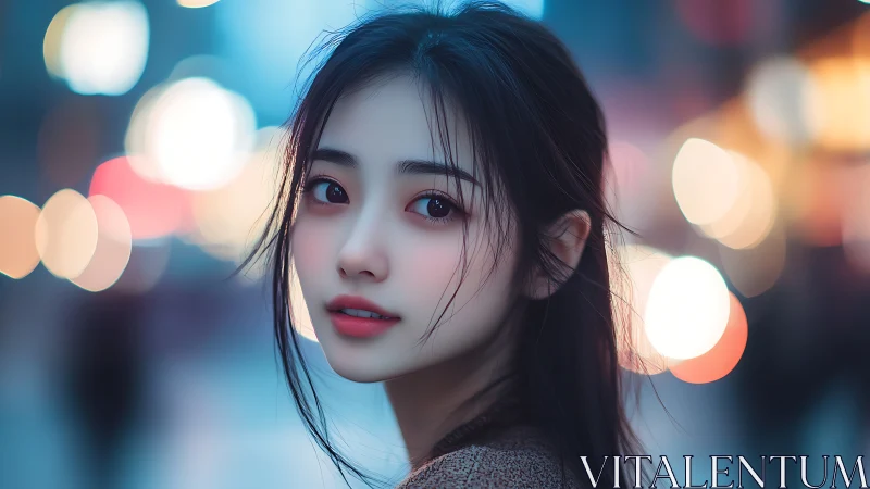Soft-lit street portrait captures serene evening gaze