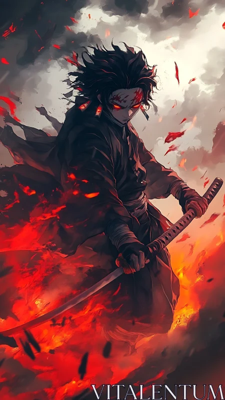 Demonic swordsman commands inferno beneath storm clouds.