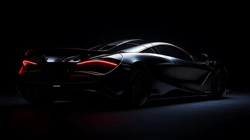 Rear three-quarter view shows dark sports car in low light