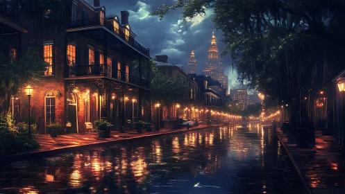 Rainy night street with warm lights and distant skyline.