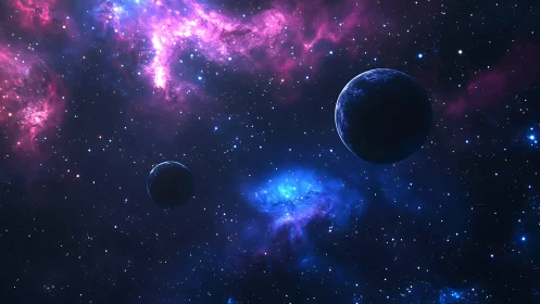 Binary planets over luminous nebula in deep cosmic void.