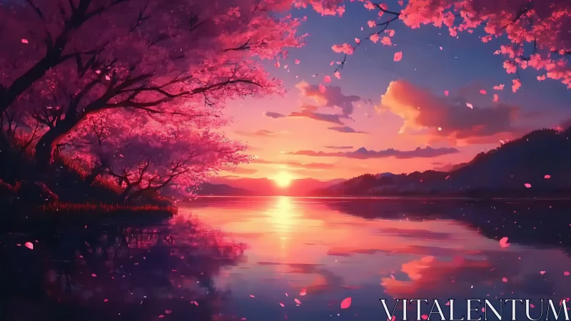 Soft cherry blossom sunset glows gently across calm water