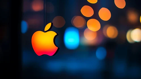 Illuminated apple-shaped logo with blurred city lights.