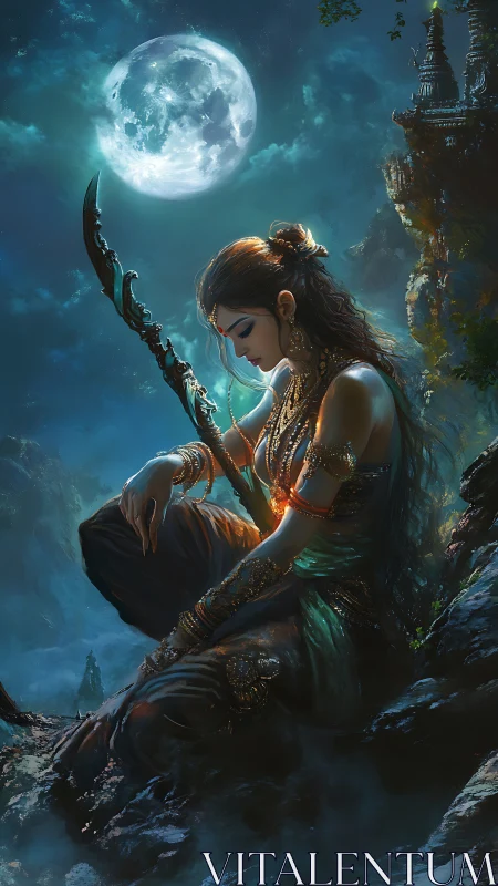 Moonlit warrior figure seated on rocky ledge at night.