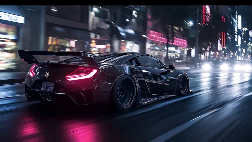 Neon‑slicked supercar hunts the horizon through midnight rain.