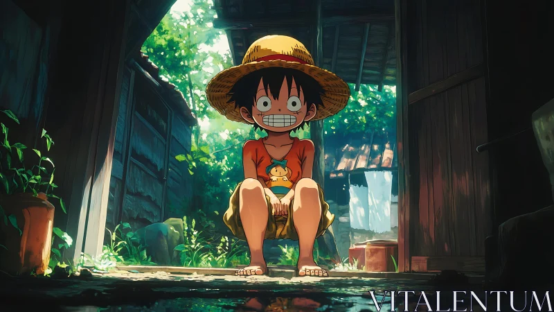 Straw hat boy sitting in sunlit rustic wooden doorway.