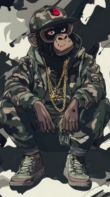 Urban camo-clad chimpanzee character in stylized streetwear illustration.