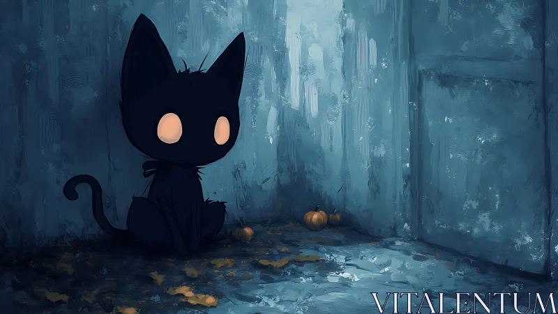 Moon-eyed alley cat guards tiny pumpkins in blue hush.